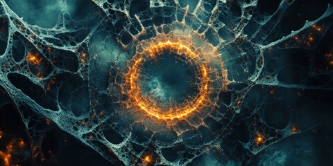 Abstract fiery wheel in blue and orange tones, resembling an explosion of energy. Ideal for futuristic, sci-fi, or technology-themed designs.