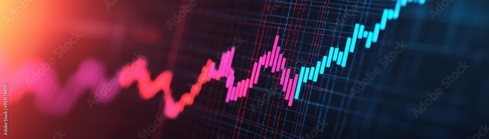 Poster a vibrant candlestick chart showing market trends with bold colors and dynamic fluctuations in stock