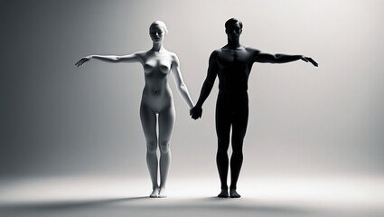 Harmony in Duality illustration, a striking abstract image of a man and woman standing in perfect harmony, bodies in black and white exudes a sense of peaceful coexistence and intimate connection,