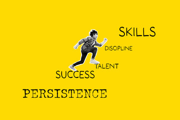 Composite trend artwork sketch collage of monochrome silhouette young man climb ladder word persistence success talent discippline skills