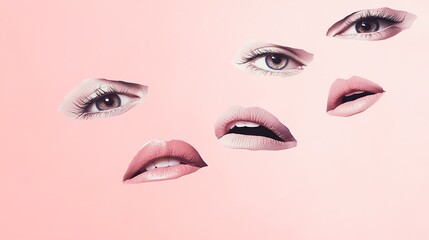 A collage of eyes and lips on a pink background.