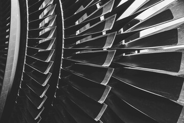 Turbine Blades, High Precision Advance Engineering. Large Fan blade Layers Steel Part Rotor In Jet Engine or Steam Power Plant. © Quality Stock Arts