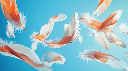 Obraz premium Feathers float in a light blue sky.