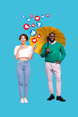 Composite trend artwork sketch collage of follow popular like heart banner young lady hold smartphone guy stand hold umbrella date online