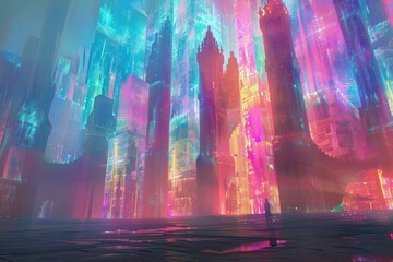 An abstract holographic castle, with towers and walls glowing in various hues.