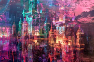 Fototapeta premium An abstract holographic castle, with towers and walls glowing in various hues.