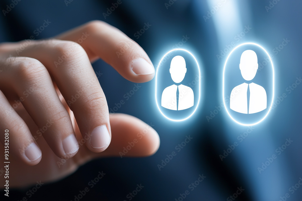 Poster a business professional selecting between virtual user icons, representing decision-making and digit