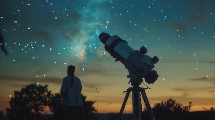 Fototapeta premium Amateur astronomer, telescope, night sky, detailed stars, soft lighting