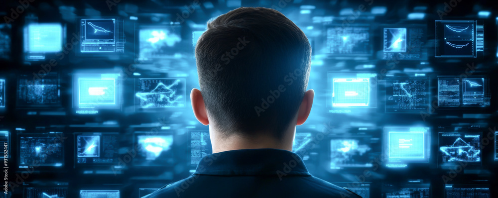 Poster a focused individual observing a futuristic digital interface filled with blue screens and data visu