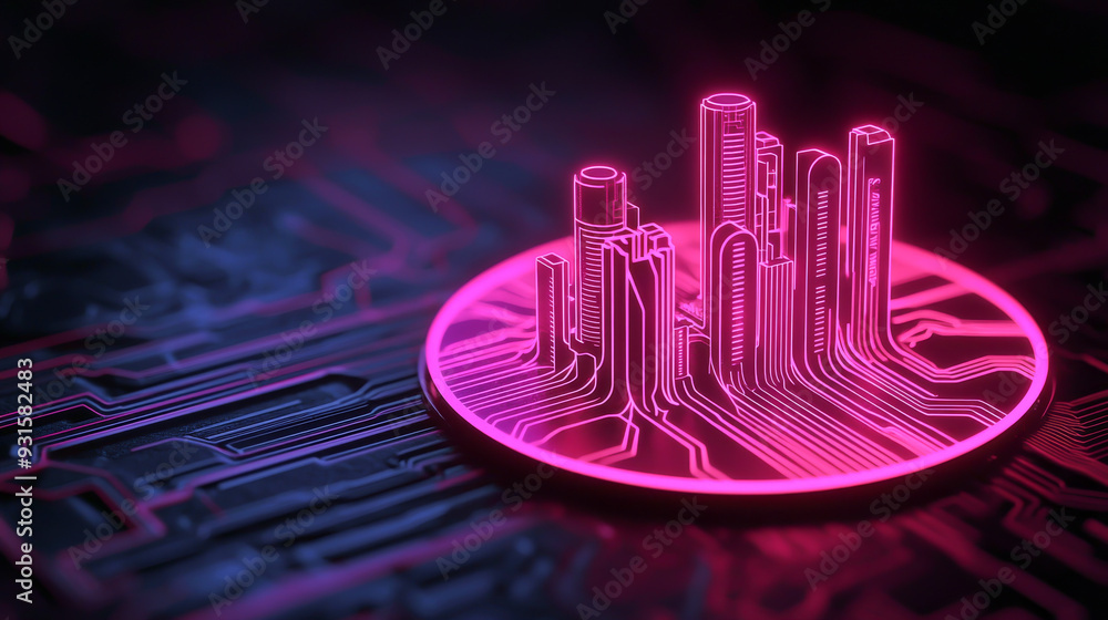 Poster a futuristic digital landscape with neon circuit patterns and glowing structures, representing techn