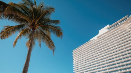 Fototapeta premium A contemporary white building showcases art deco architecture with sweeping curves, large glass windows, and stunning ocean views
