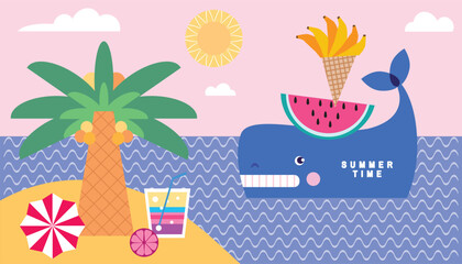 Fototapeta premium Summer template design vacation banner, poster, card Vector art flat icon illustration