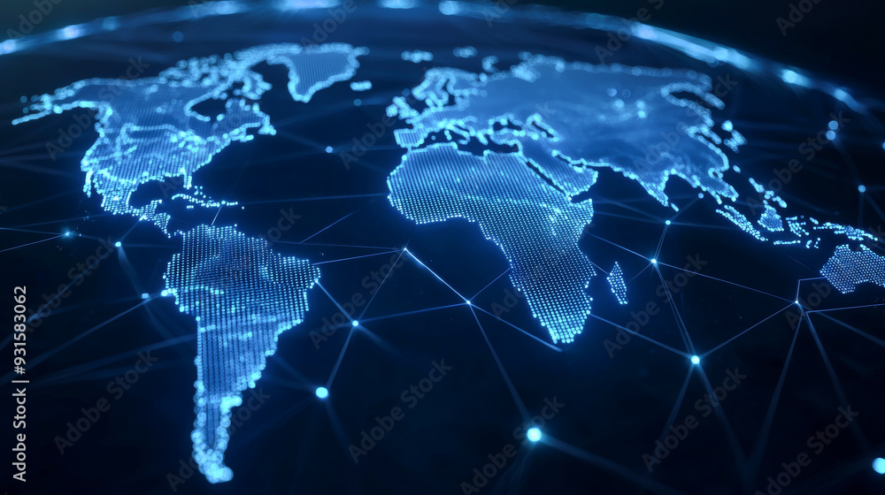 Poster A glowing world map with interconnected lines representing global connectivity and digital networks in a futuristic style.
