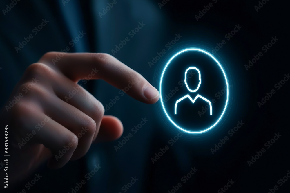 Poster a hand interacting with a glowing user icon, symbolizing digital connection and technology.