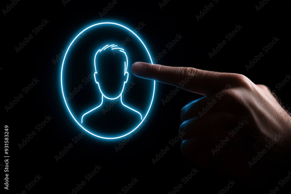 Poster a hand pointing at a glowing silhouette of a person in a dark background, representing digital ident