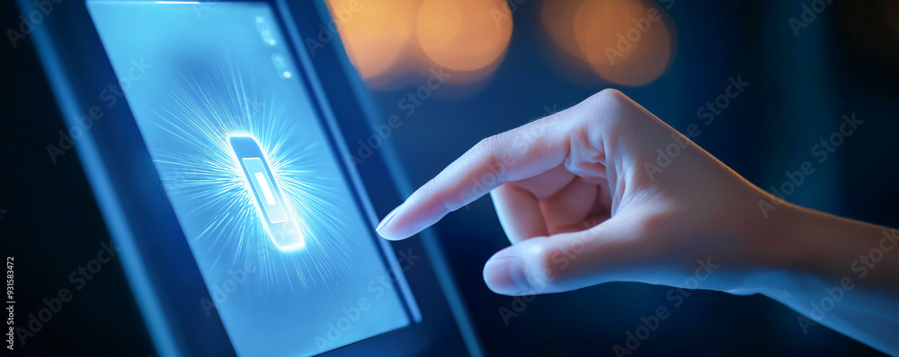 Poster a modern hand interacting with a touchscreen interface, showcasing user engagement with technology i