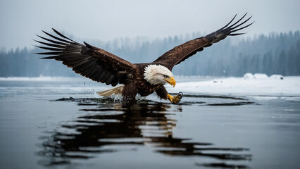 Fototapeta premium A majestic eagle grasping a fish in its talons near the water's edge