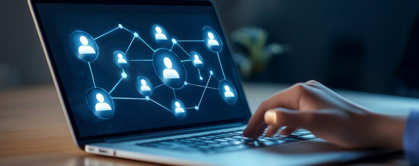 A person using a laptop displaying a network connection interface, symbolizing digital communication and social networking.