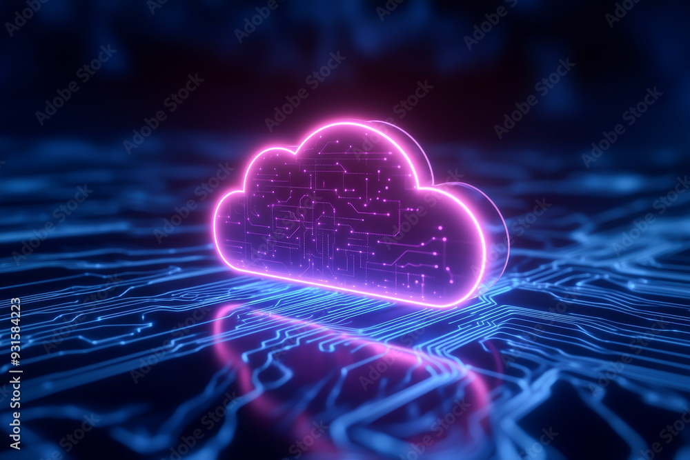 Poster a vibrant neon cloud symbol on a circuit board background, representing digital technology and cloud