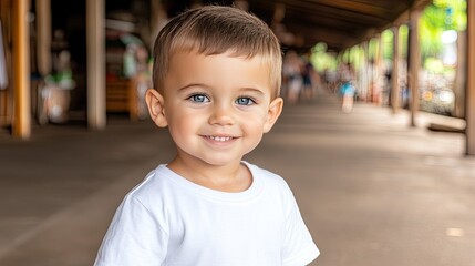 A charming boy smiles in a shopping center, surrounded by beautiful flowers while wearing a crisp white shirt