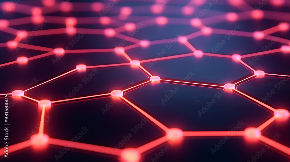 Poster abstract network with glowing red hexagons on a dark background, symbolizing technology and connecti