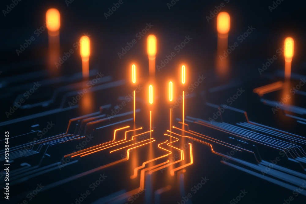 Poster an abstract representation of a circuit board with glowing orange elements, showcasing innovation an