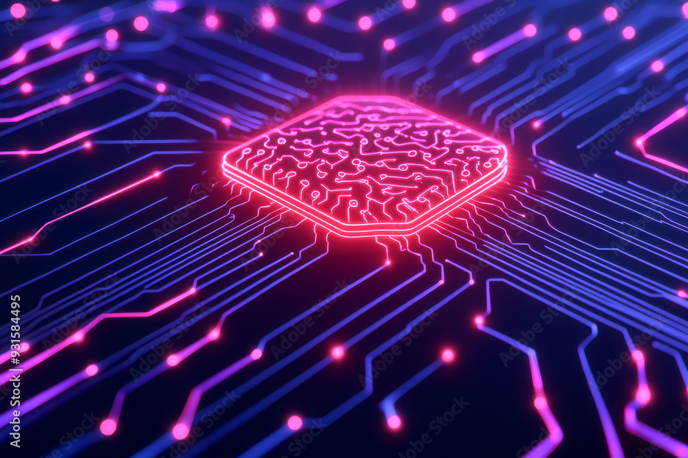 Poster bright neon microprocessor on a futuristic circuit board, symbolizing advanced technology and digita