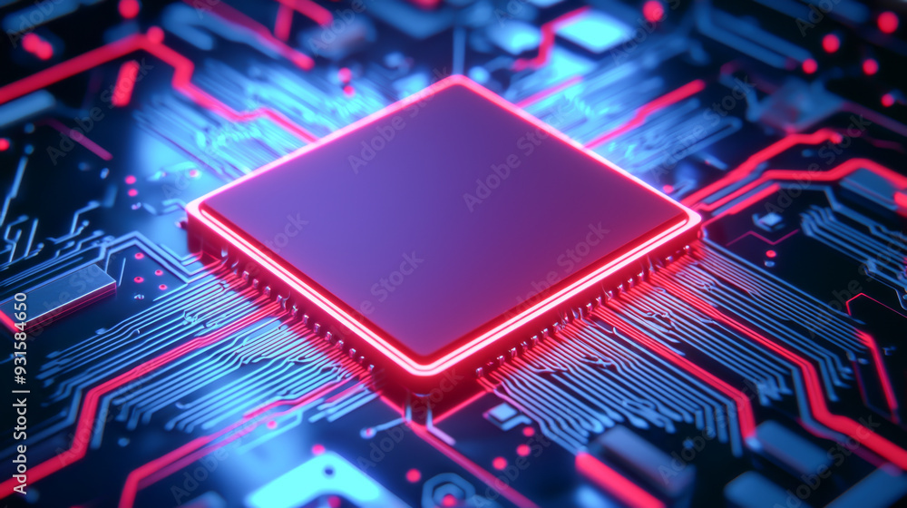 Poster close-up view of a modern computer chip on a circuit board with vibrant neon colors, symbolizing tec