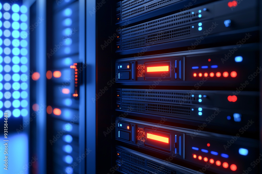 Poster close-up view of server hardware with illuminated lights in a modern data center, showcasing technol