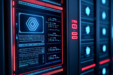 Close-up view of a futuristic server interface displaying digital data, highlighted by neon lights. Perfect for tech themes.