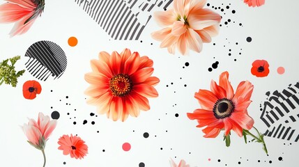 A flat lay of orange flowers on a white background with geometric shapes and black dots.