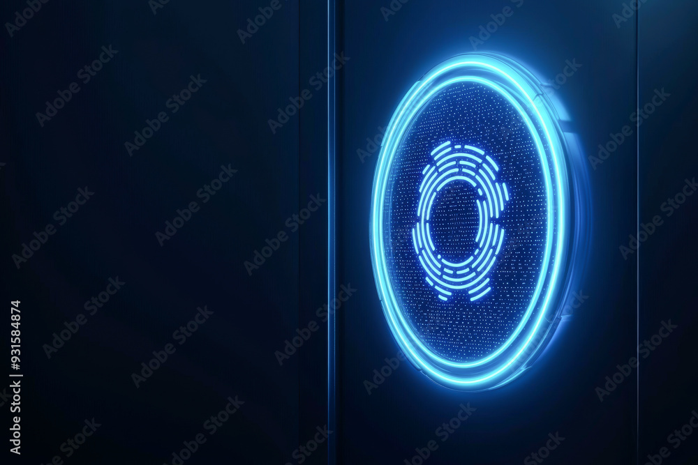 Poster futuristic blue holographic interface with circular patterns on a dark background, symbolizing techn