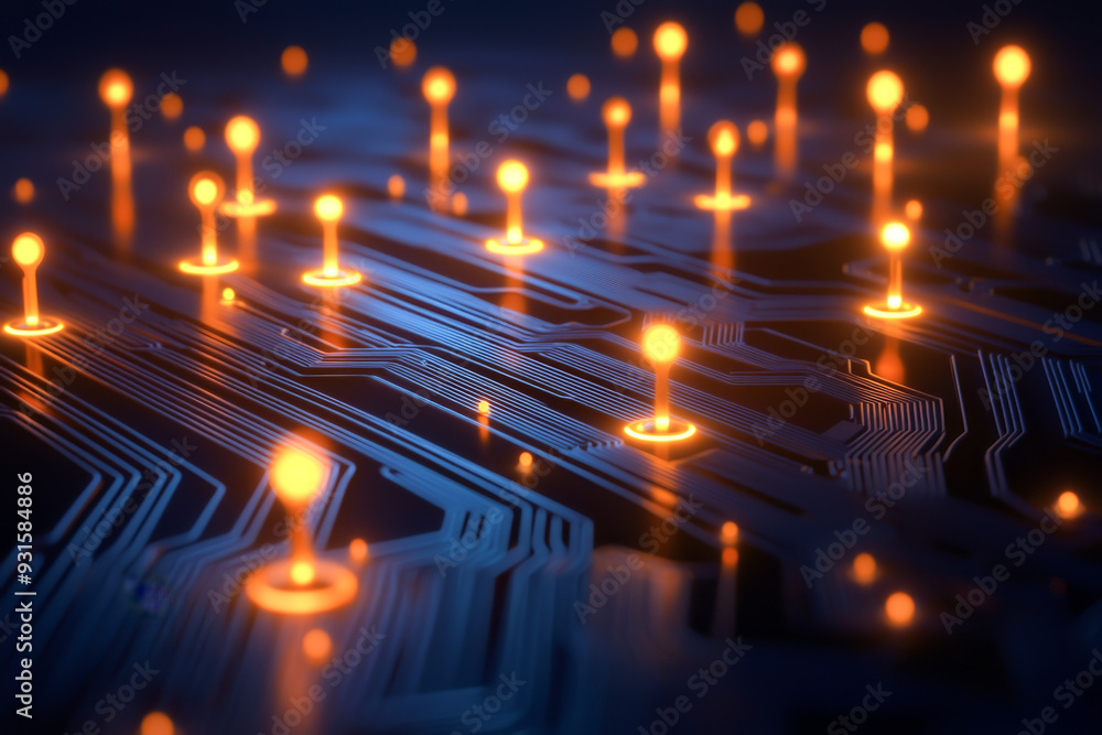 Poster futuristic circuit board illuminated with glowing nodes, showcasing advanced technology and digital 