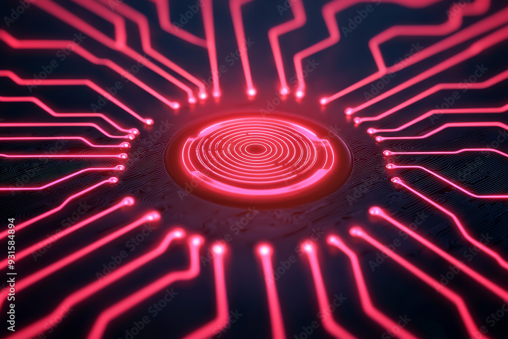 Poster futuristic circuit board design featuring a glowing center with intricate lines, perfect for technol
