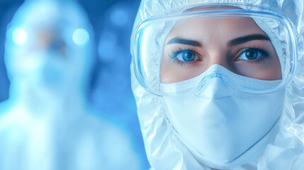 Focused woman in protective gear showcases dedication in a medical setting, emphasizing safety and professionalism in healthcare.