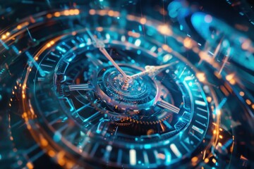 An abstract holographic clock, with moving gears and hands that glow.