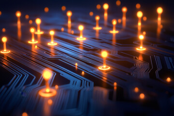 Futuristic circuit board illuminated with glowing nodes, showcasing advanced technology and digital innovation in a striking visual.