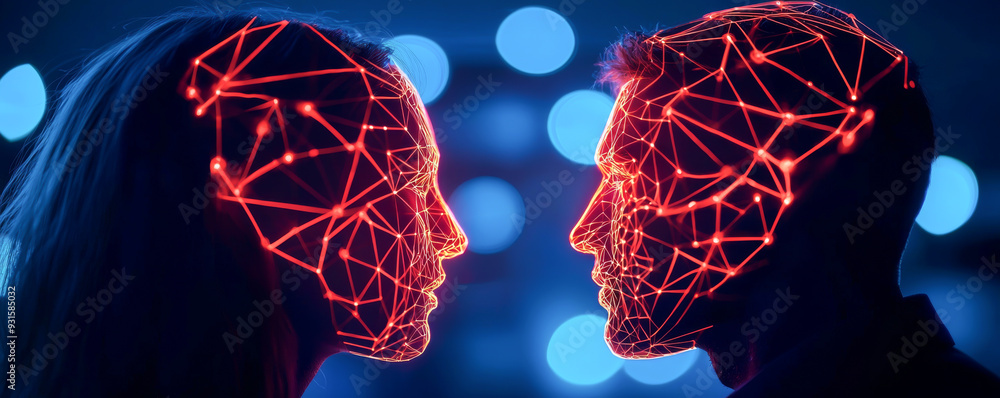 Poster futuristic digital concept showcasing human connection through illuminated network patterns on faces