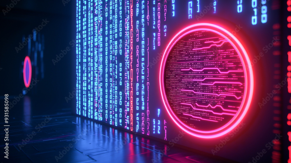Poster futuristic digital landscape with neon lights and binary code, symbolizing technology, data, and inn