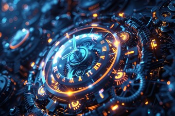 An abstract holographic clock, with moving gears and hands that glow.