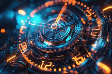 An abstract holographic clock, with moving gears and hands that glow.