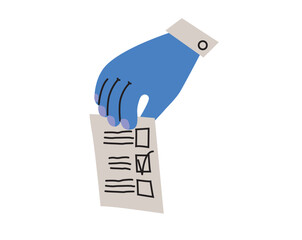 Voting hand. Election campaign. Democracy vote concept. Blue colour hand with ballot paper.