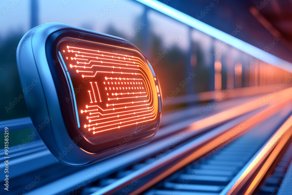 Poster futuristic train station display with glowing circuit patterns, showcasing advanced technology and m