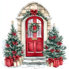 Hand-drawn Christmas scene with a red door and festive decorations. Ideal for cards, invitations, and seasonal illustrations.