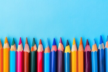 Colorful pencils aligned on a bright blue background. Ideal for school, art, and creative projects.