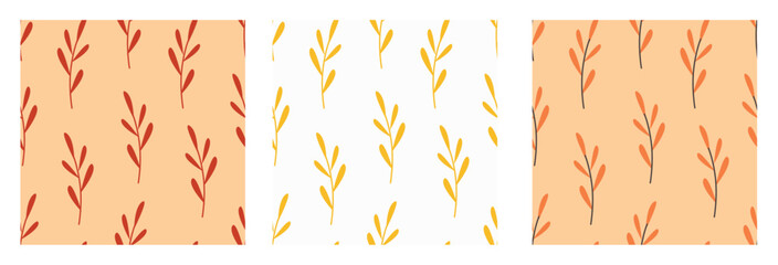 Autumn Leaves Minimalist Seamless Pattern Set. Yellow Branches on White Background.