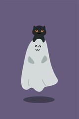 Ghost with cat. Cute Spirit with Kitten on his head. Halloween illustration.