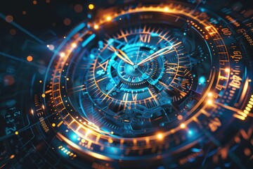 Naklejka premium An abstract holographic clock, with moving gears and hands that glow.