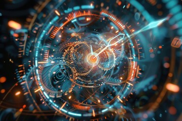Obraz premium An abstract holographic clock, with moving gears and hands that glow.