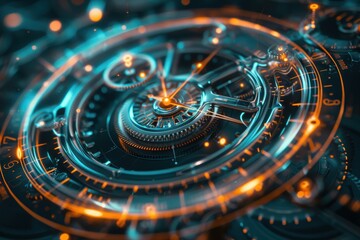 An abstract holographic clock, with moving gears and hands that glow.